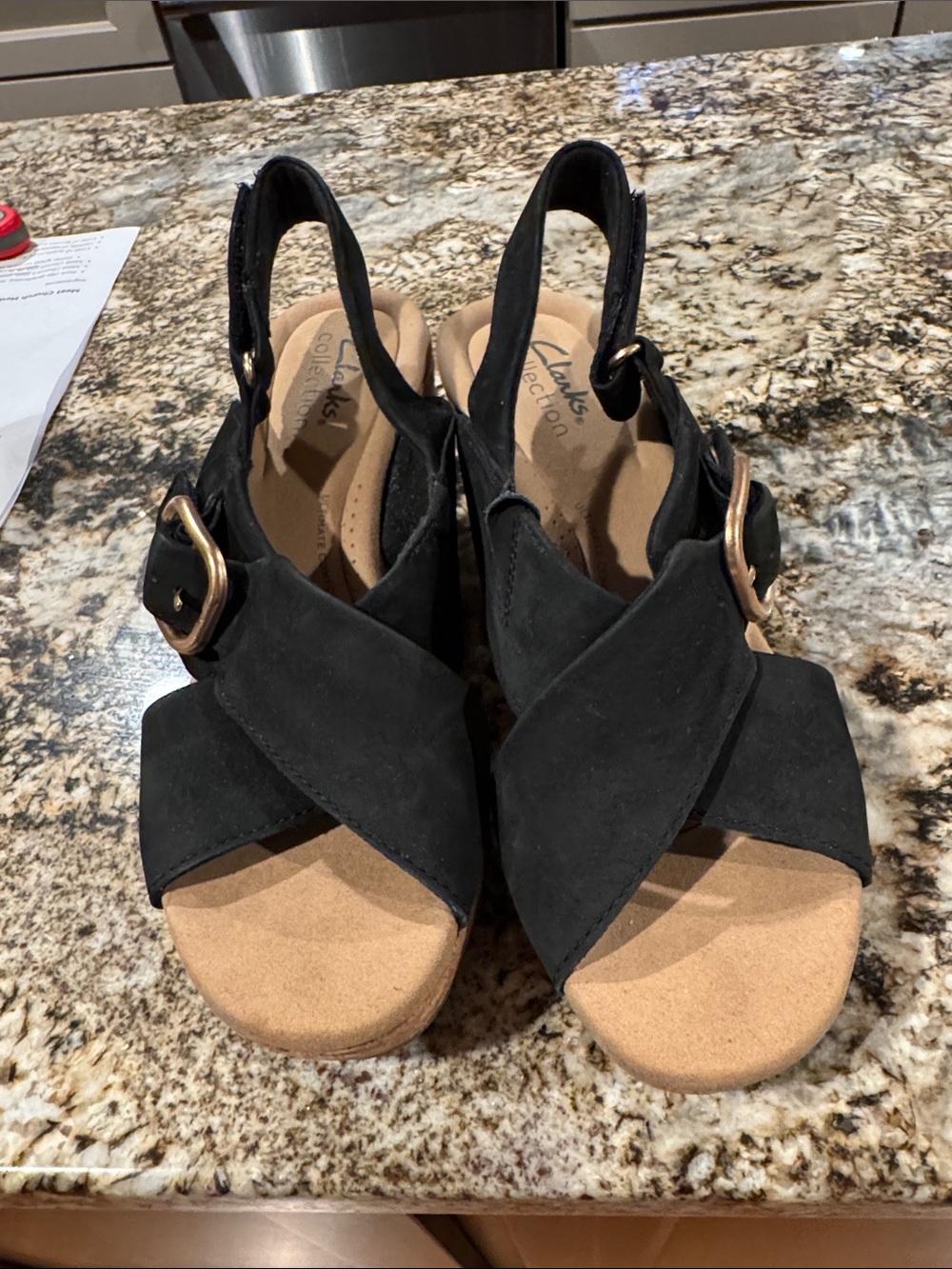 Clarks Black Suede Crisscross Wedge Sandals with Gold Buckle
